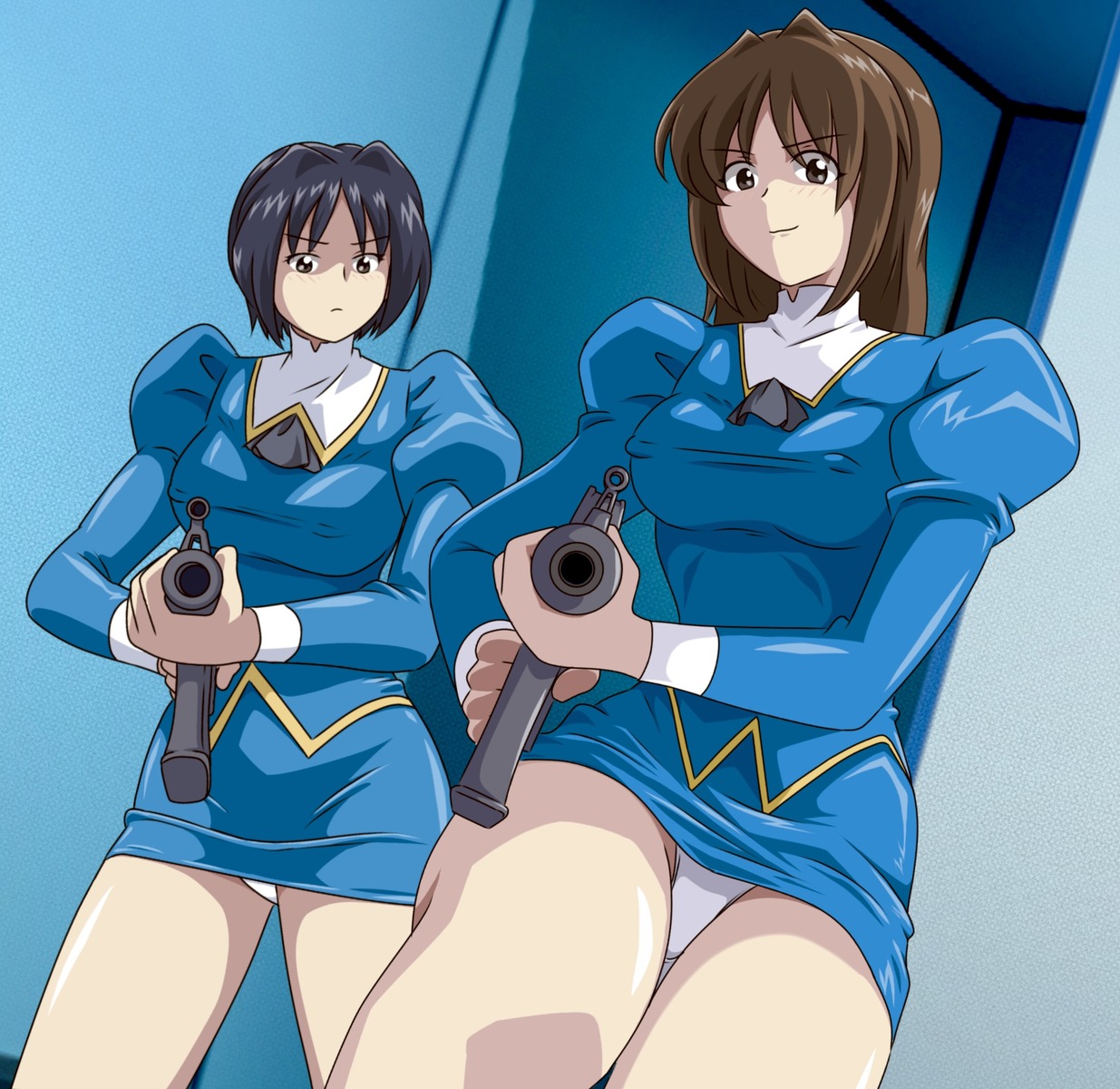agent_aika aika_(series) blue_delmo blue_delmo_b blue_delmo_v erect_nipples gun kuroyoshi pantsu skirt_lift uniform