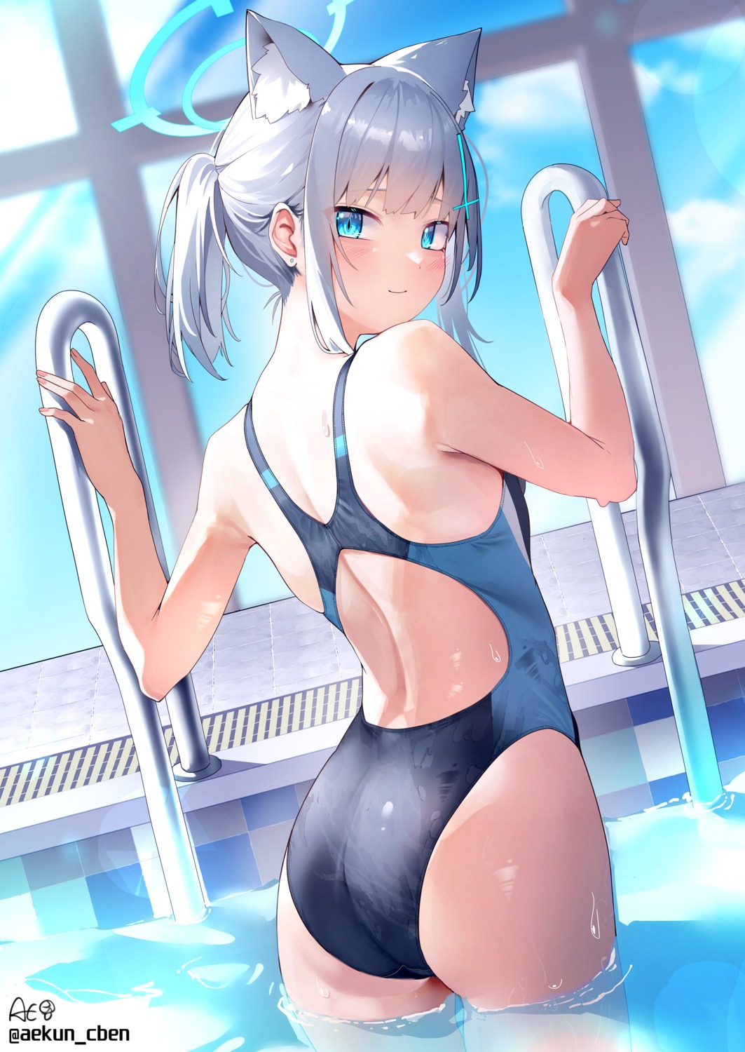 aekun_cben animal_ears ass blue_archive halo nekomimi sunaookami_shiroko swimsuits wet