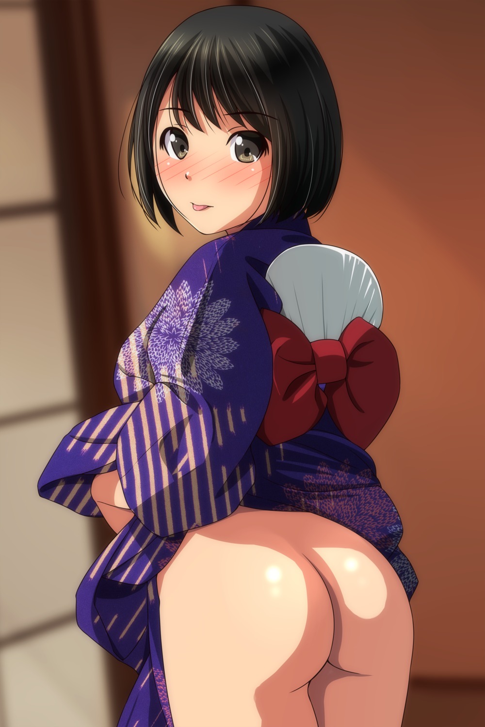 ass kimono matsunaga_kouyou nopan skirt_lift