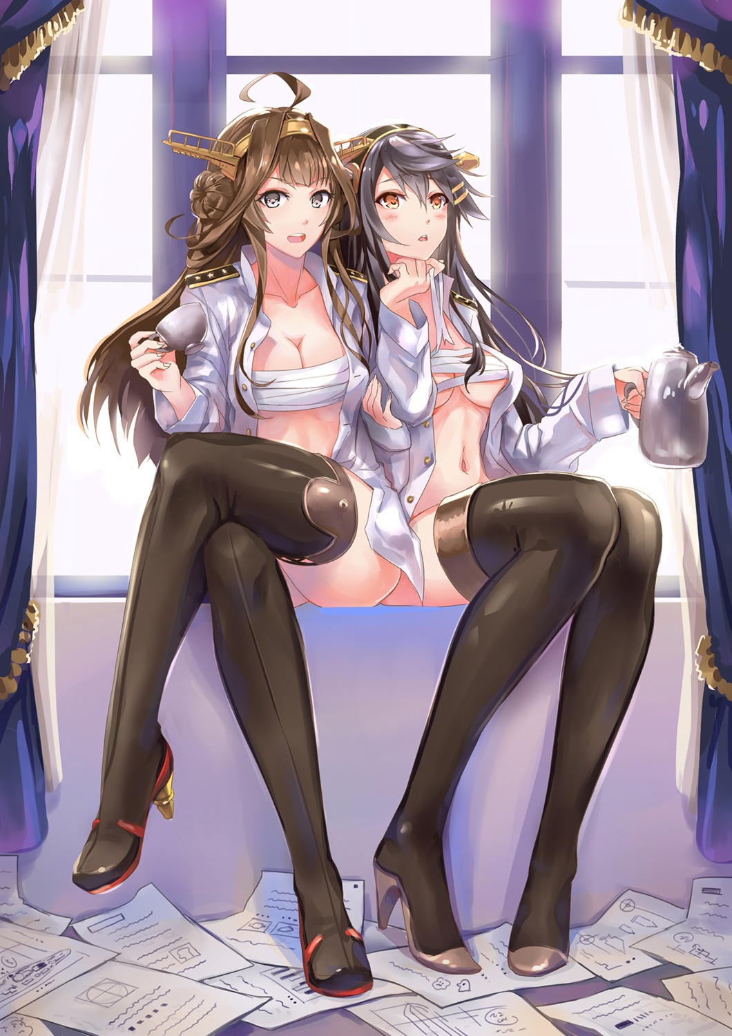 bottomless cleavage haruna_(kancolle) heels kantai_collection kongou_(kancolle) nr_noir open_shirt sarashi undressing uniform