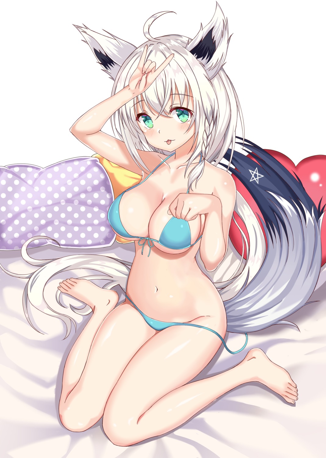 animal_ears bikini hololive hololive_gamers kirisameaoto kitsune panty_pull shirakami_fubuki swimsuits tail