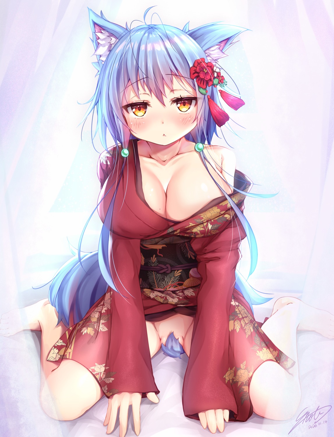 animal_ears cleavage e-note kimono no_bra nopan open_shirt skirt_lift tail