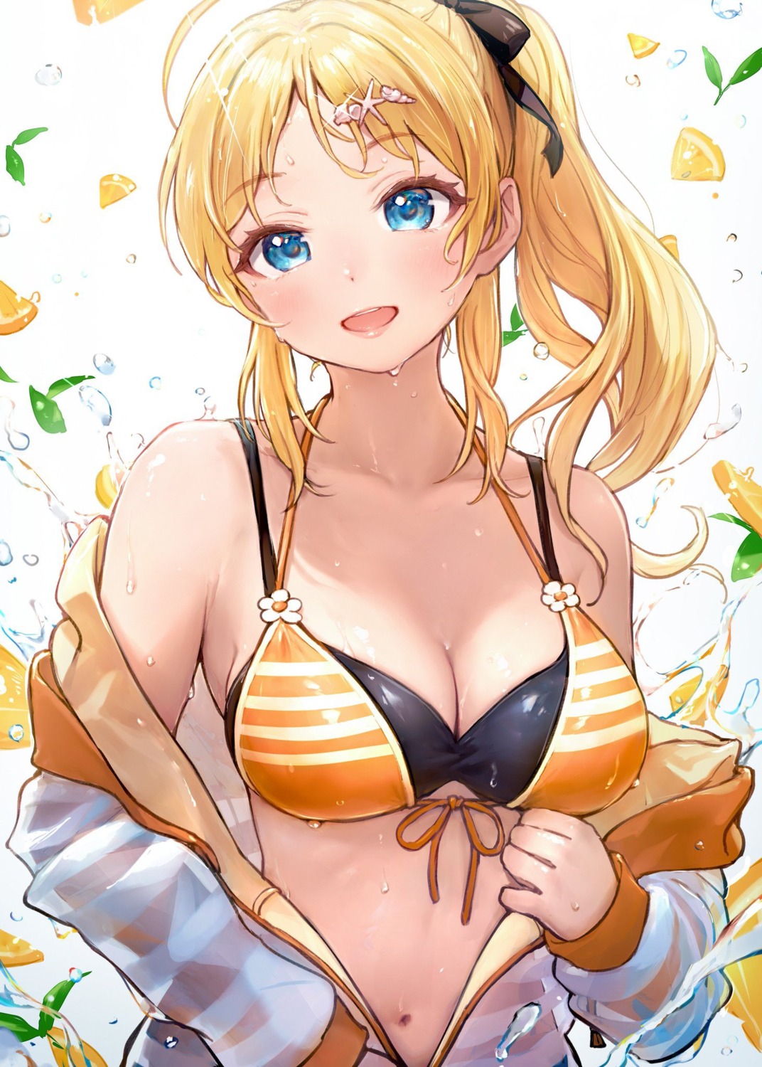 bikini_top cleavage hachimiya_meguru open_shirt see_through swimsuits takeya_y0615 the_idolm@ster the_idolm@ster_shiny_colors undressing wet wet_clothes