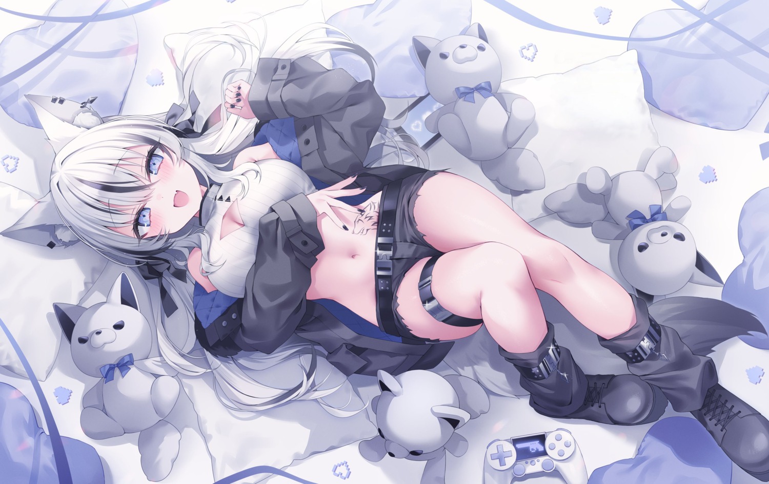 animal_ears cleavage detexted garter indie_virtual_youtuber mochita_ren shu_bii tail tattoo torn_clothes