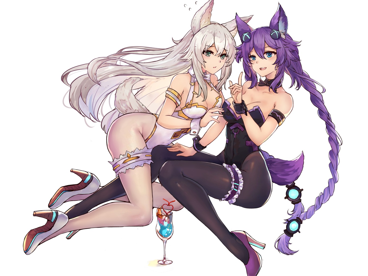 animal_ears black_heart choujigen_game_neptune cleavage garter heels leotard pantyhose purple_heart tail white_crow