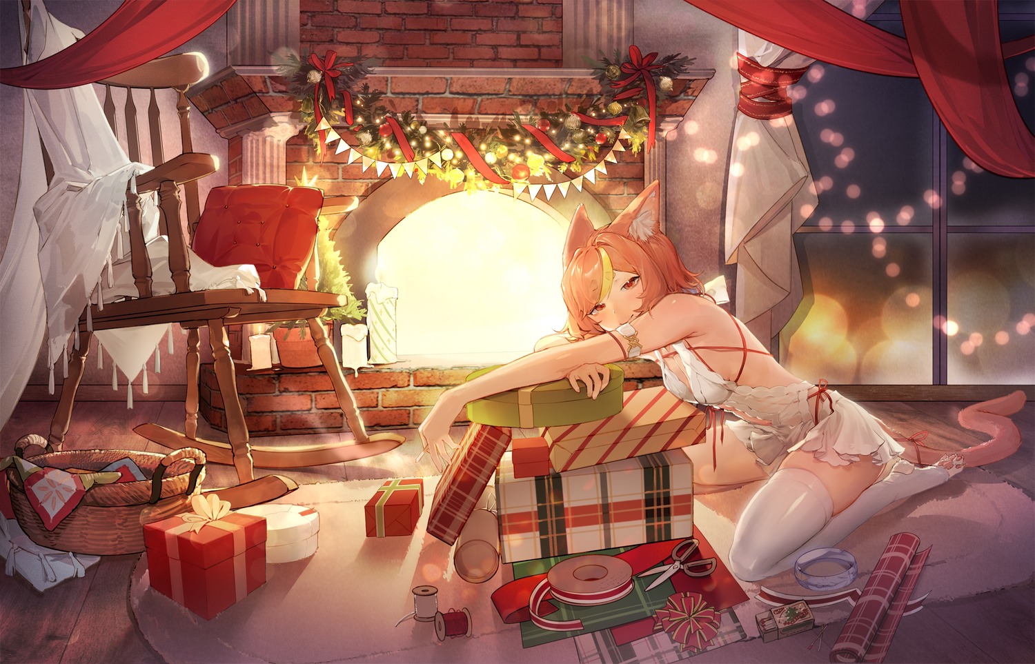 animal_ears christmas dress nekomimi no_bra tail thighhighs yccc