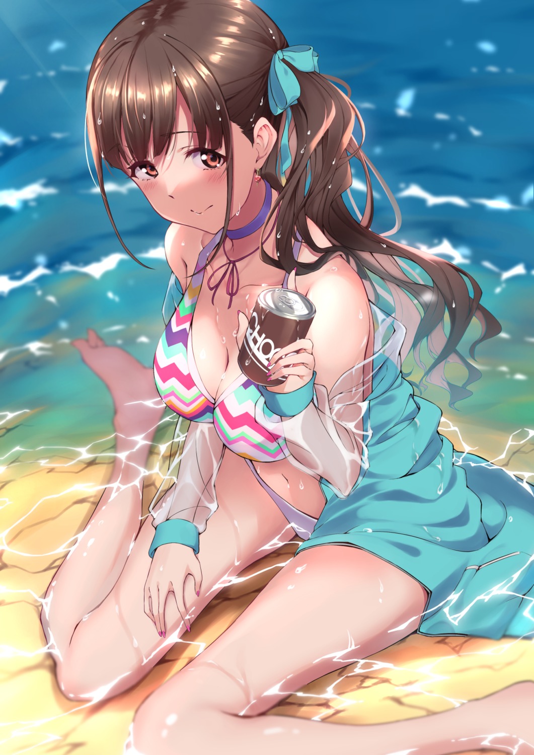 bikini cleavage kagari_riroi open_shirt see_through sonoda_chiyoko swimsuits the_idolm@ster the_idolm@ster_shiny_colors wet wet_clothes