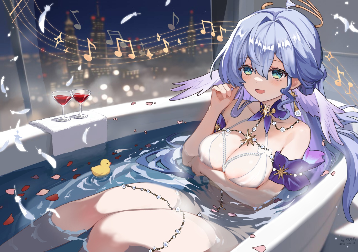 bathing bikini_top breast_hold erect_nipples garter halo honkai:_star_rail kkkula robin see_through swimsuits wet wet_clothes wings