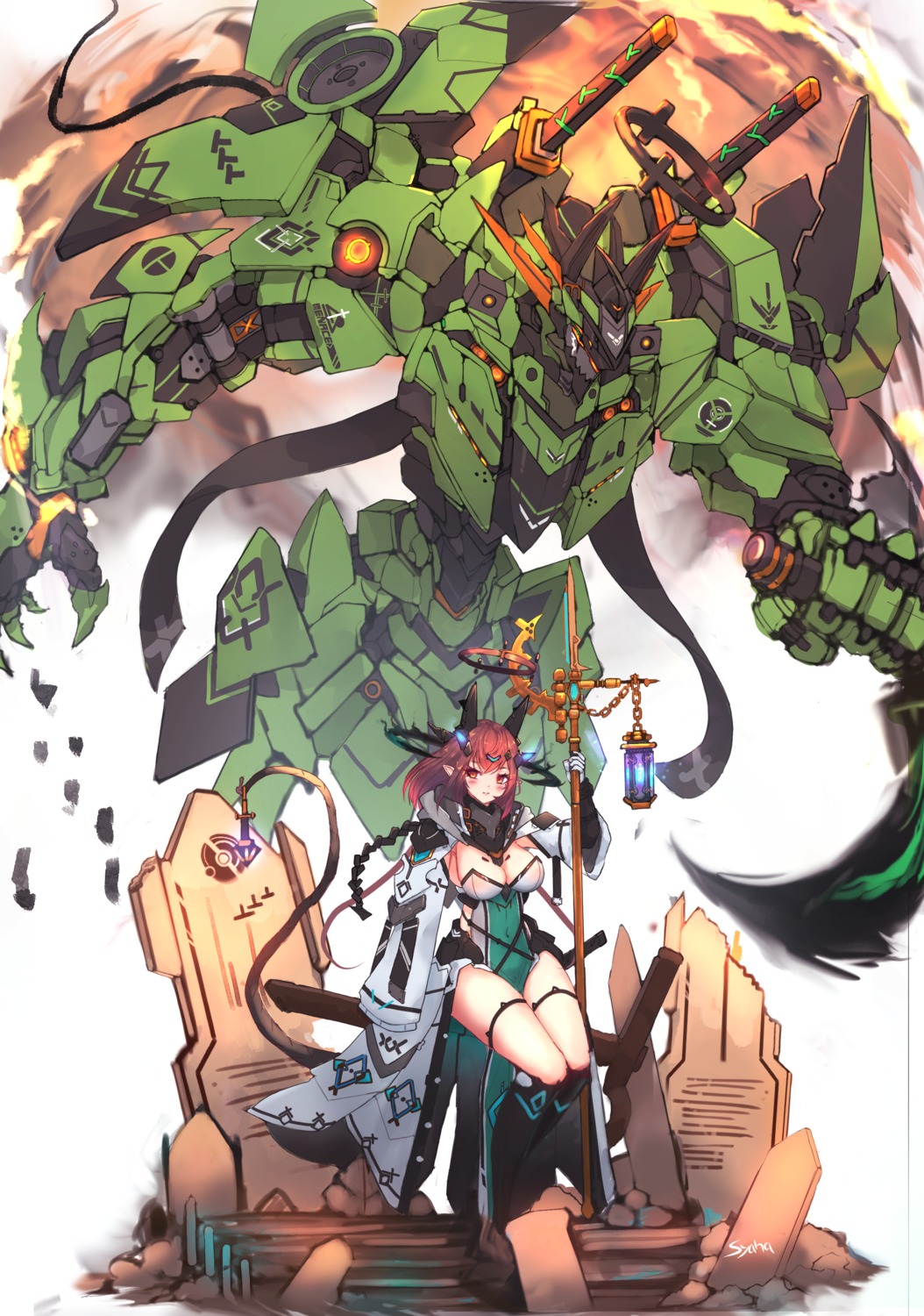 garter horns leotard mecha no_bra syaha weapon