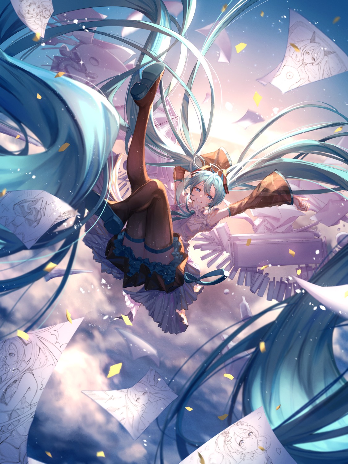 hatsune_miku headphones odds_&_ends_(vocaloid) skirt_lift thighhighs vocaloid yuzuha_wasa