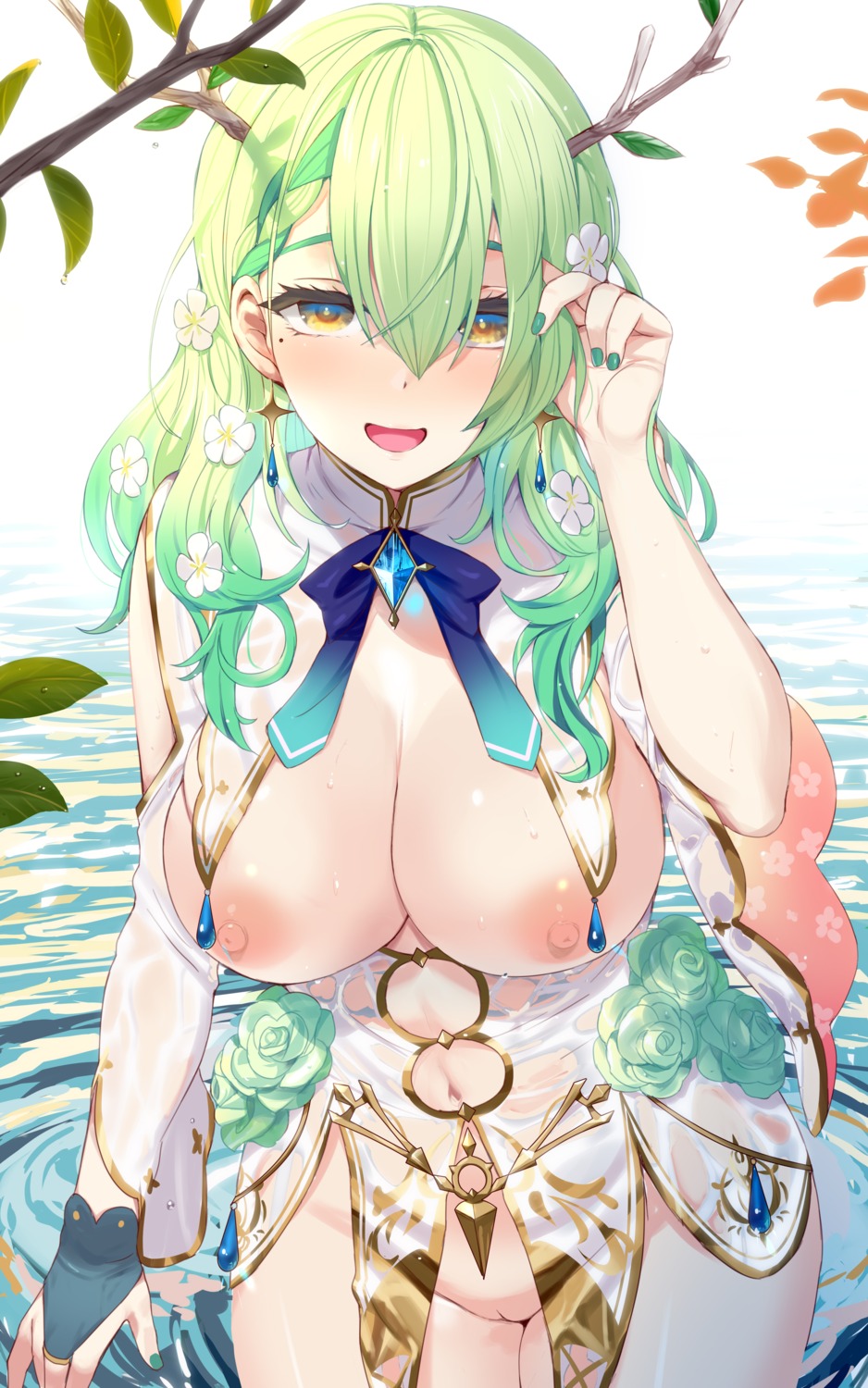 breasts ceres_fauna dress hololive hololive_english horns kusaka_souji nipples no_bra nopan pussy see_through uncensored wet_clothes