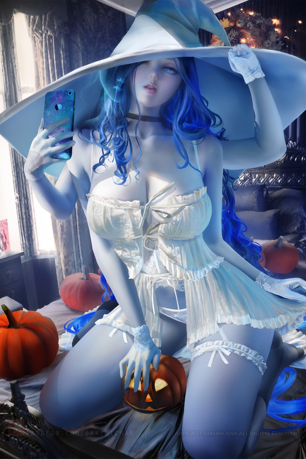 cleavage elden_ring garter halloween lingerie no_bra ranni sakimichan see_through selfie witch