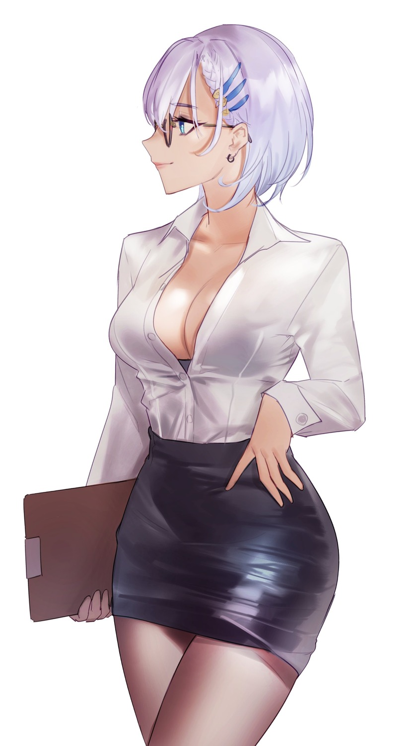 aragiken bra cleavage dress_shirt hololive hololive_indonesia megane open_shirt pantyhose pavolia_reine see_through