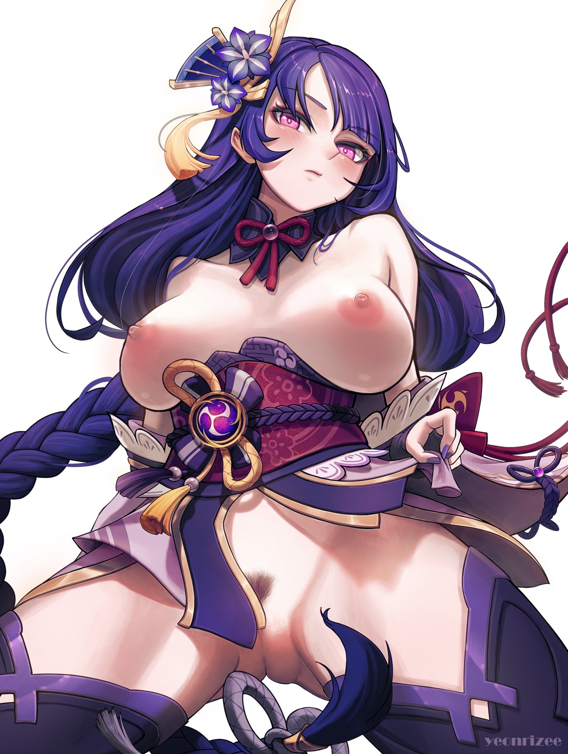 breasts genshin_impact japanese_clothes nipples no_bra nopan pubic_hair pussy raiden_shogun skirt_lift thighhighs yeonrizee