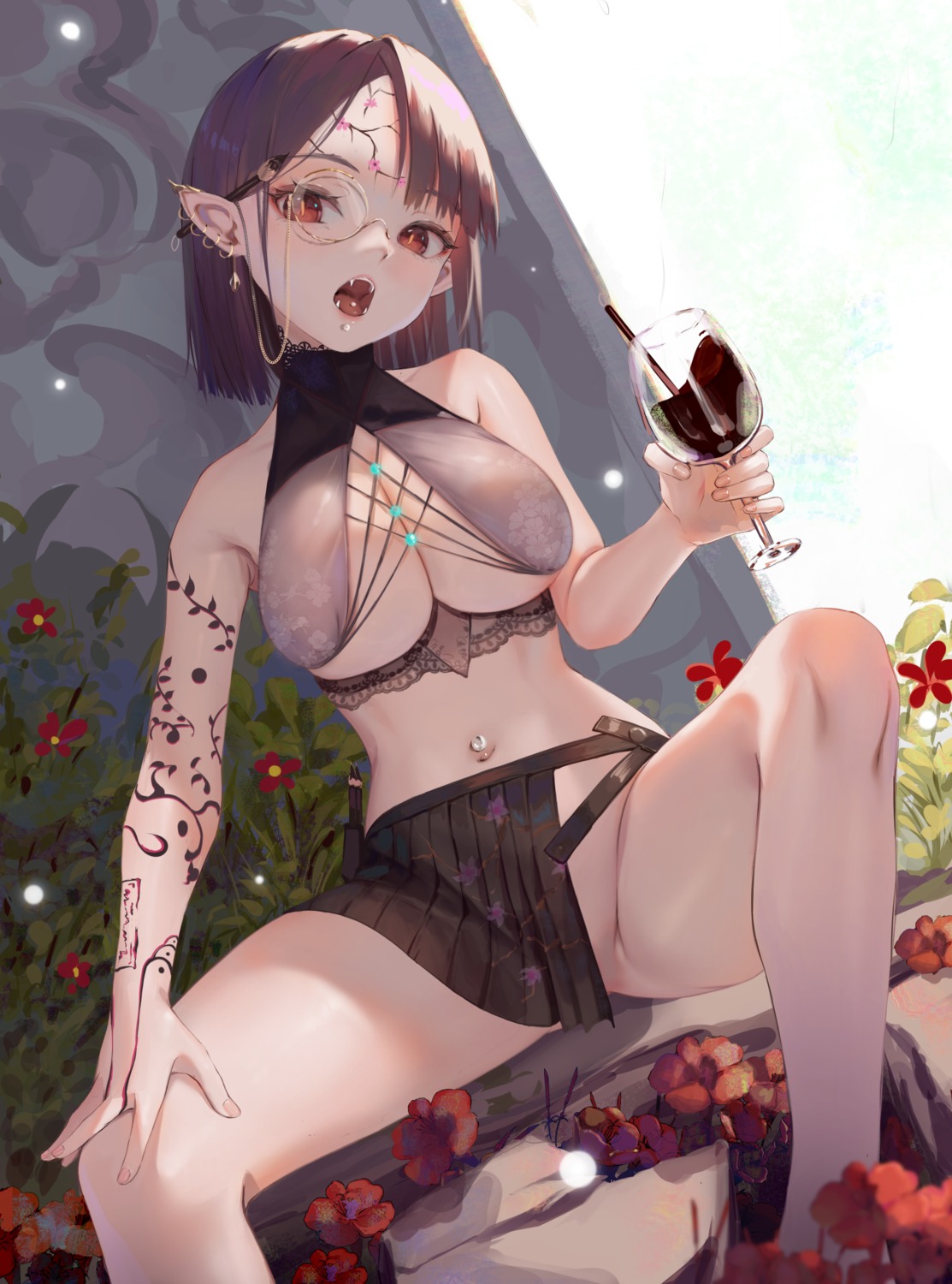 megane nekobell no_bra nopan pointy_ears tattoo