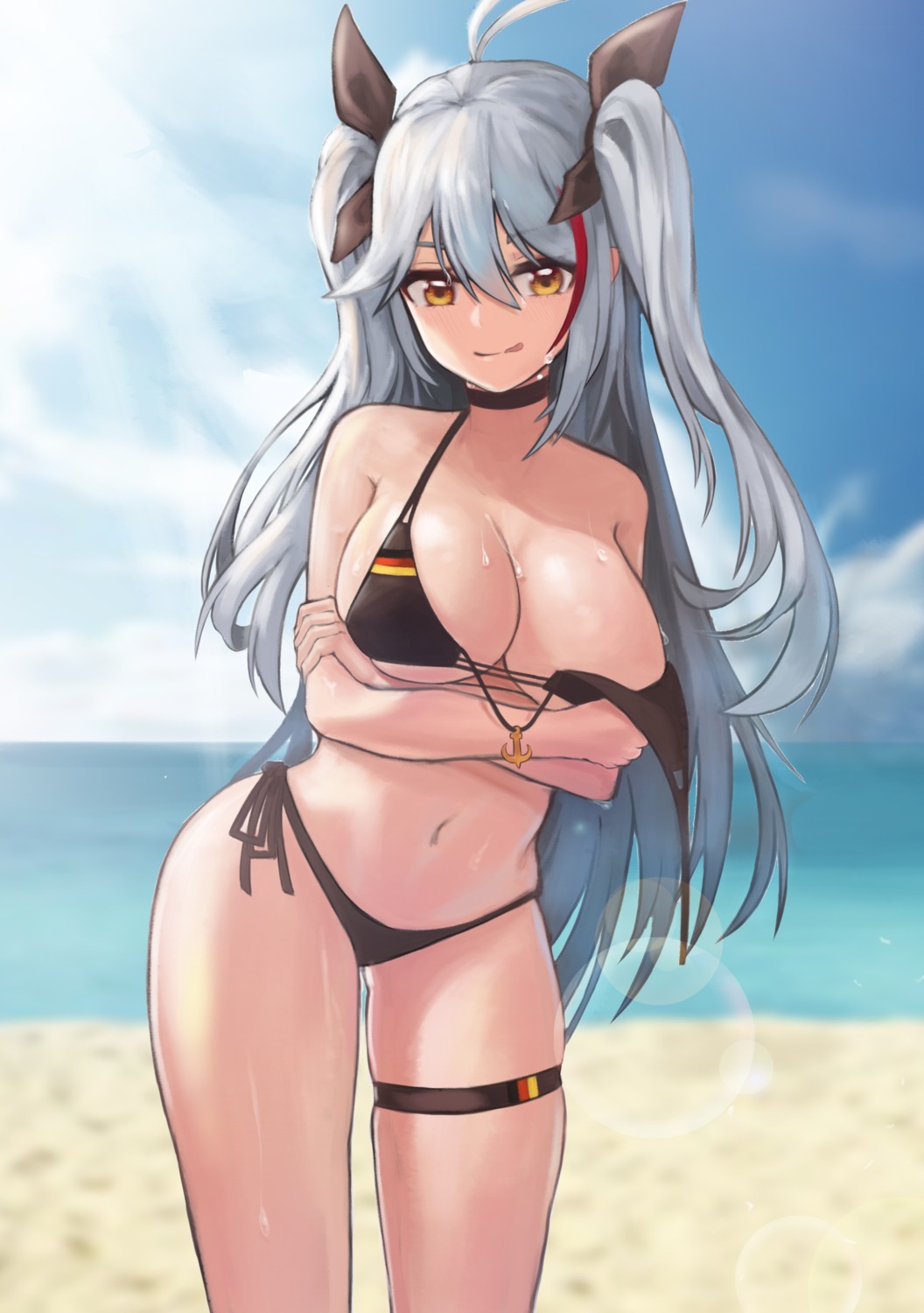 azur_lane bikini breast_hold breasts garter onedoo prinz_eugen_(azur_lane) swimsuits wardrobe_malfunction