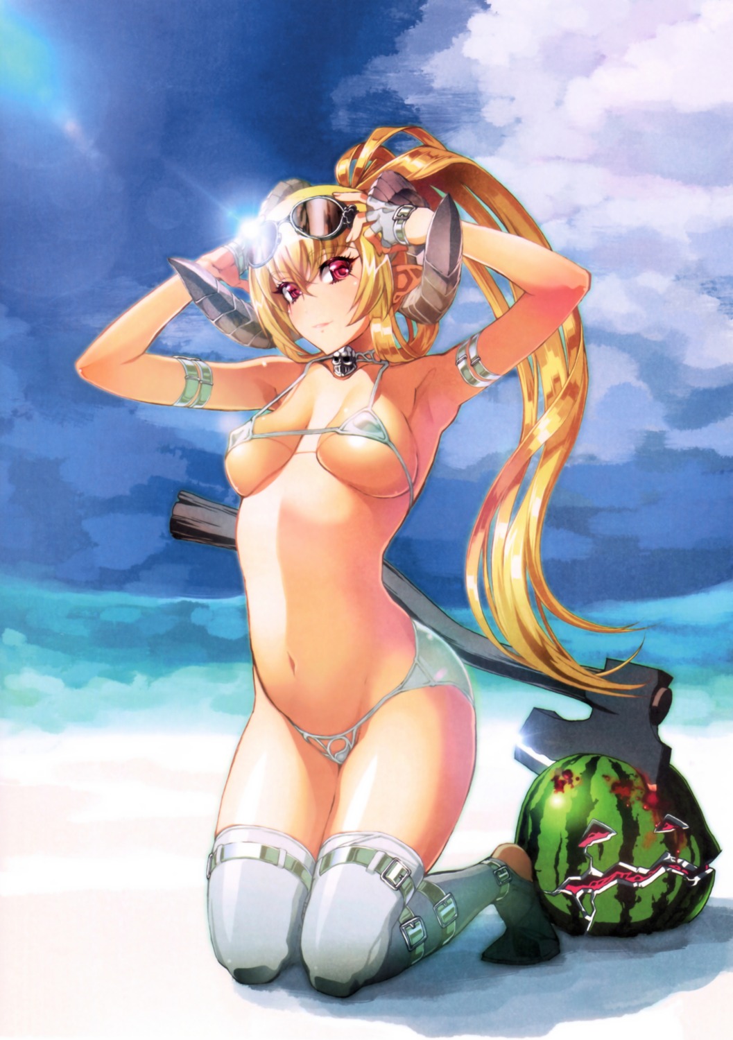 bikini erect_nipples horns lucifer_(the_seven_deadly_sins) megane niθ swimsuits the_seven_deadly_sins thighhighs