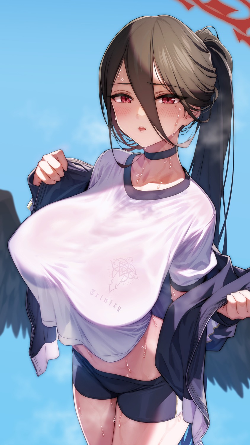 angel blue_archive gym_uniform hanekawa_hasumi ogre_craft see_through undressing wet wet_clothes wings