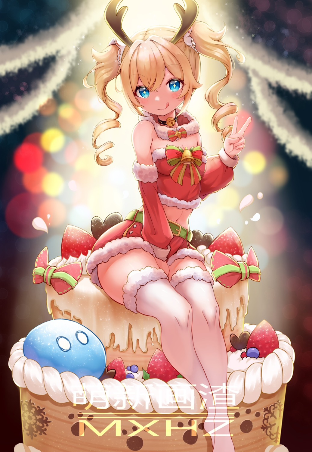 barbara_(genshin_impact) christmas cleavage genshin_impact horns moe_shin_image_residue no_bra thighhighs