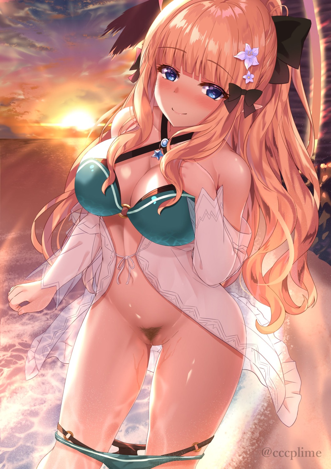 bikini breast_hold cleavage open_shirt panty_pull pointy_ears princess_connect princess_connect!_re:dive pubic_hair pussy sasaki_saren see_through swimsuits uncensored yagiryu