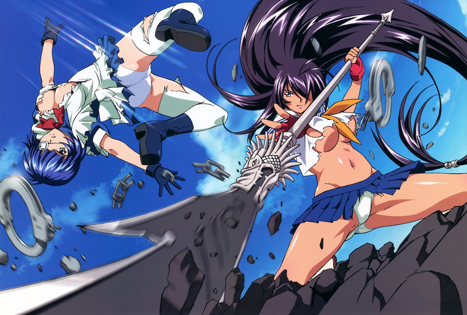 ass cleavage eyepatch heels ikkitousen ikkitousen~dragon_destiny~ kanu_unchou maid miyazawa_tsutomu no_bra pantsu ryomou_shimei seifuku thighhighs torn_clothes underboob weapon