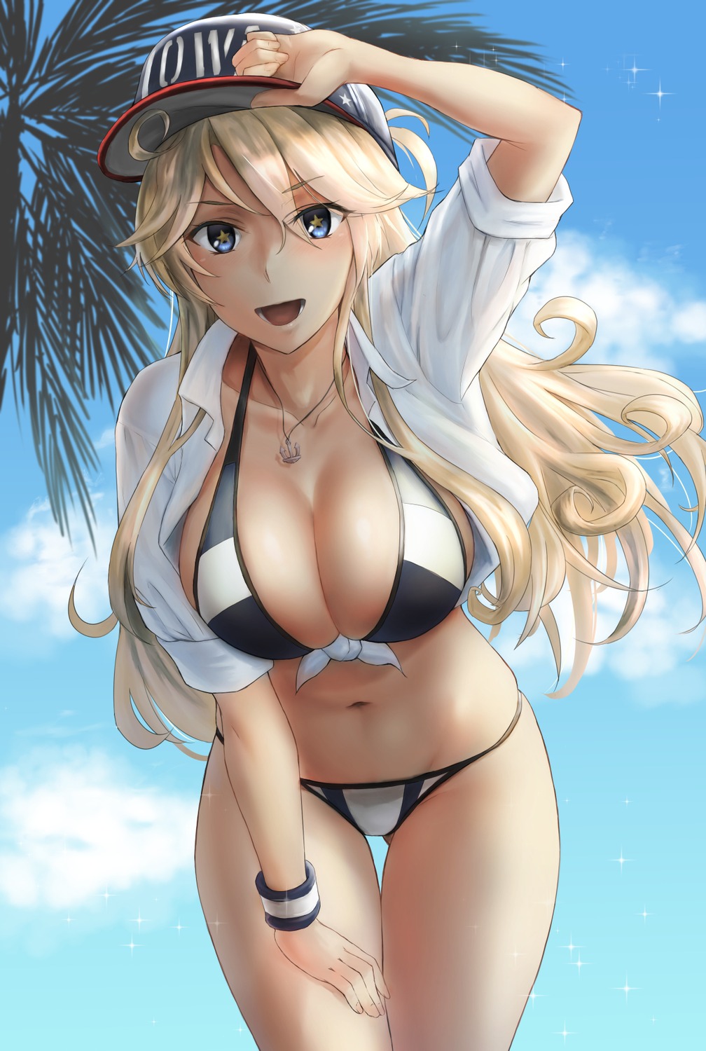 bikini dress_shirt iowa_(kancolle) kantai_collection kokuzou open_shirt see_through swimsuits