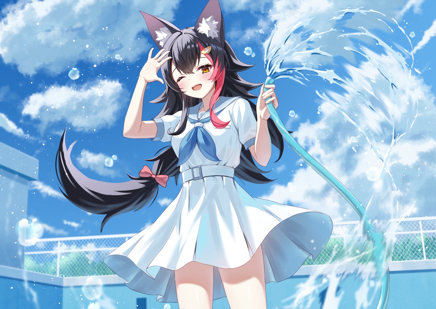 animal_ears hololive hololive_gamers ookami_mio see_through seifuku skirt_lift thorny wet wet_clothes