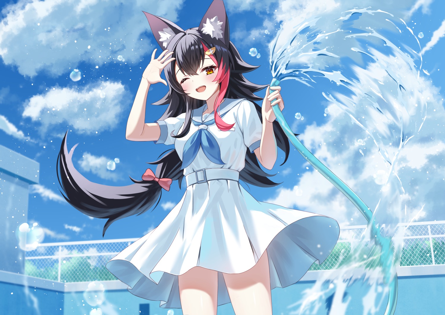 animal_ears hololive hololive_gamers ookami_mio see_through seifuku skirt_lift togemaru wet wet_clothes