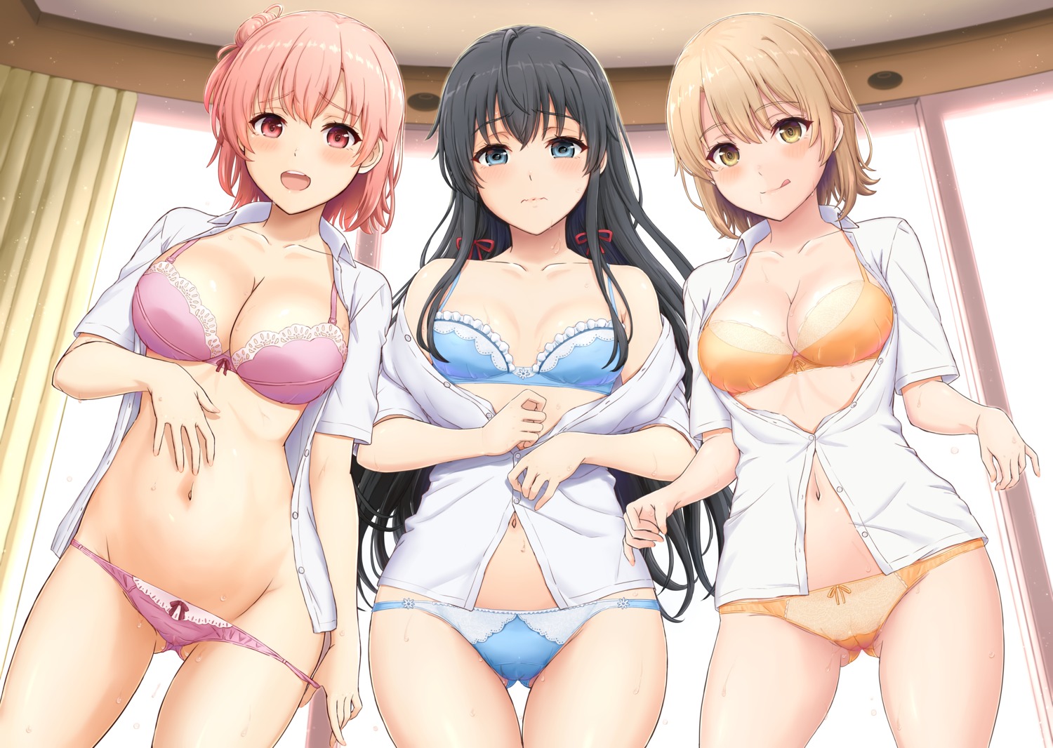 bra cameltoe dress_shirt inanaki_shiki isshiki_iroha open_shirt pantsu panty_pull undressing wet yahari_ore_no_seishun_lovecome_wa_machigatteiru. yuigahama_yui yukinoshita_yukino