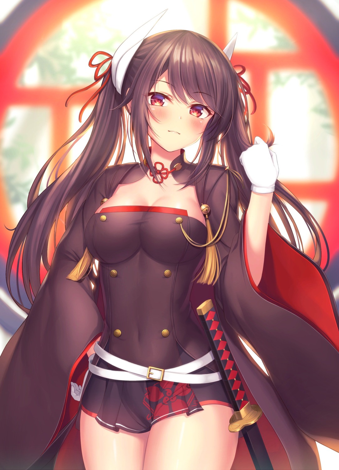 azur_lane cleavage haruna_(azur_lane) mutsuba_fumi sword uniform