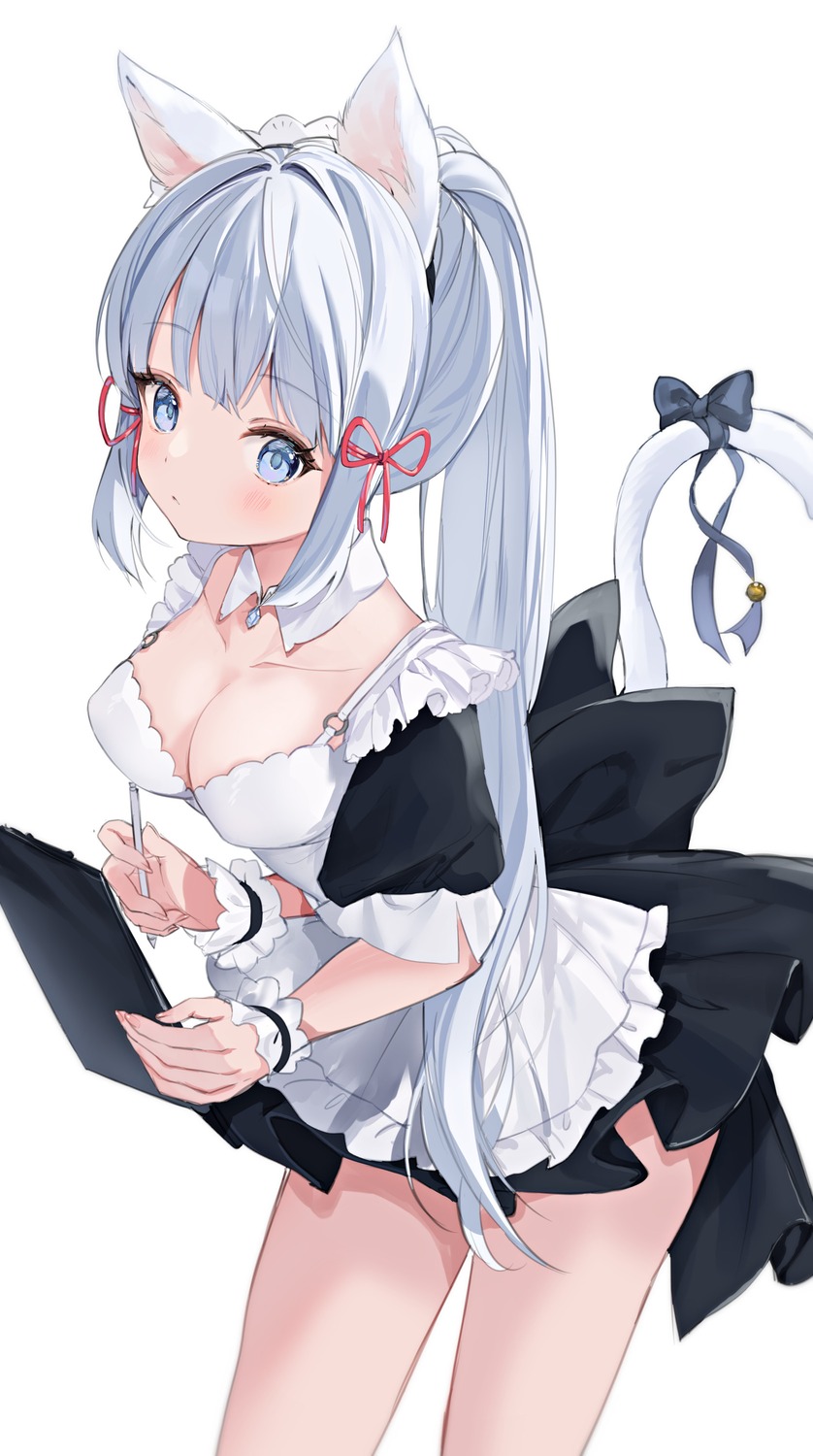 animal_ears genshin_impact kamisato_ayaka maid nekomimi no_bra tail ume_(plumblossom) waitress