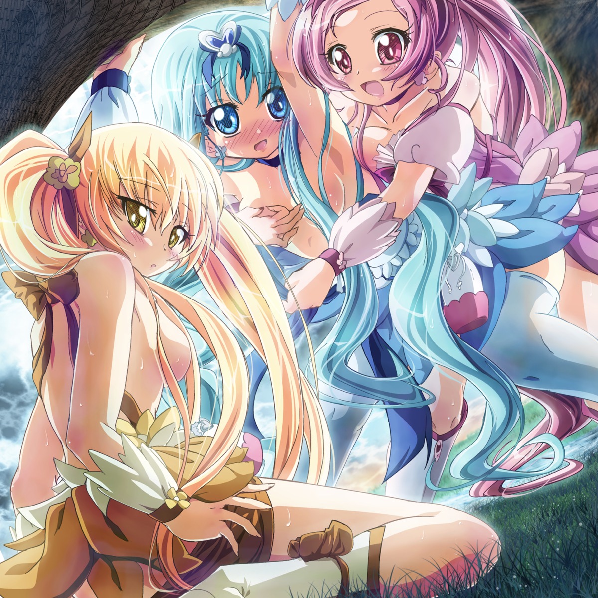 breast_grab hanasaki_tsubomi heartcatch_precure! inoshishi kurumi_erika myoudouin_itsuki precure thighhighs topless