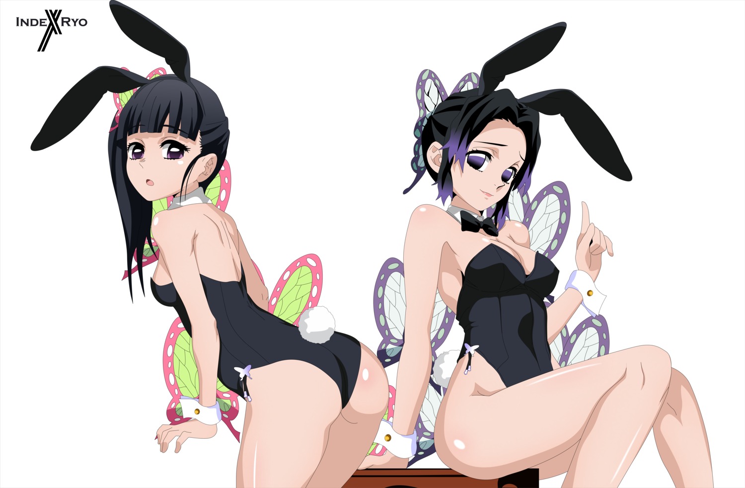 animal_ears ass bunny_ears bunny_girl indexryo kimetsu_no_yaiba kochou_shinobu no_bra tail tsuyuri_kanao
