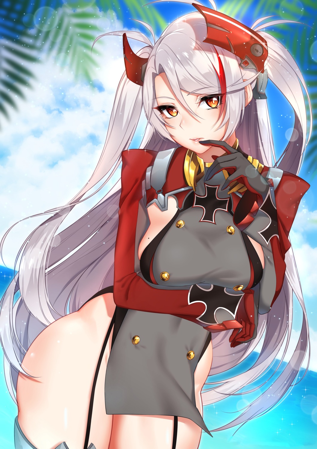 azur_lane breast_hold leotard prinz_eugen_(azur_lane) stockings thighhighs tofuubear uniform