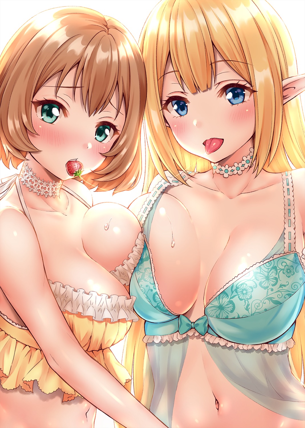 ayase-mio cleavage lingerie pointy_ears see_through yuri