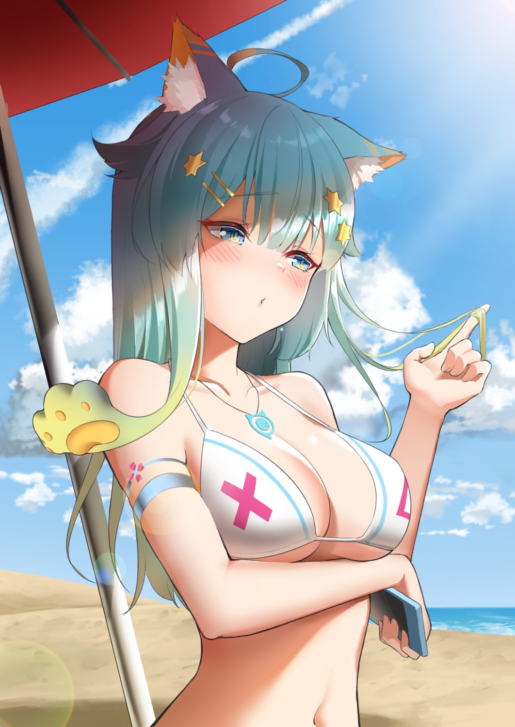 animal_ears bikini_top breast_hold lanmewko ri_qing swimsuits