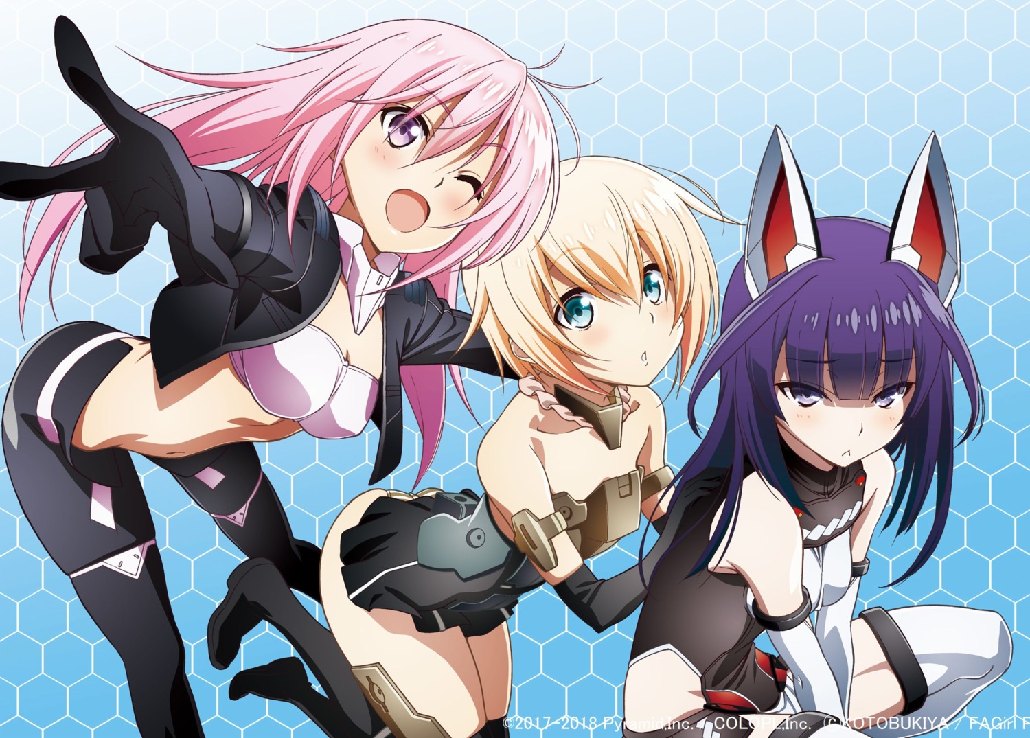 agatsuma_kaede alice_gear_aegis animal_ears bodysuit bra cleavage frame_arms_girl gourai hirasaka_yotsuyu kawamura_kousuke mecha_musume open_shirt thighhighs