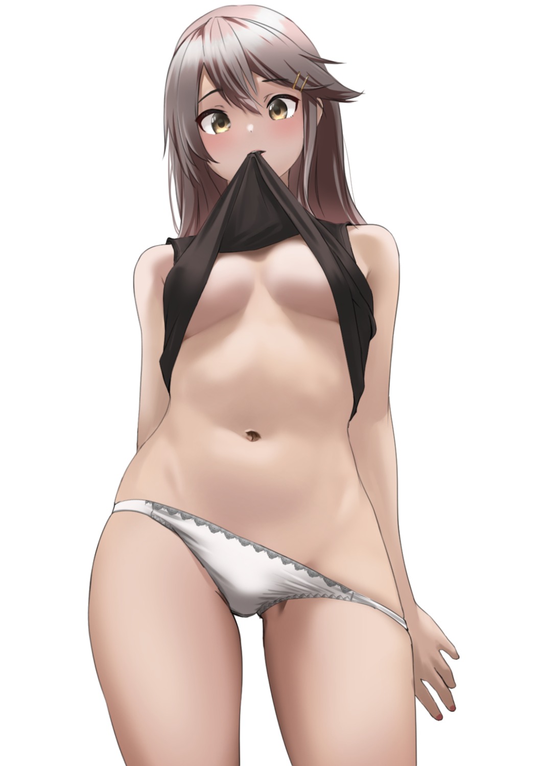 haruna_(kancolle) kantai_collection no_bra pantsu panty_pull shirt_lift tama_(seiga46239239) undressing