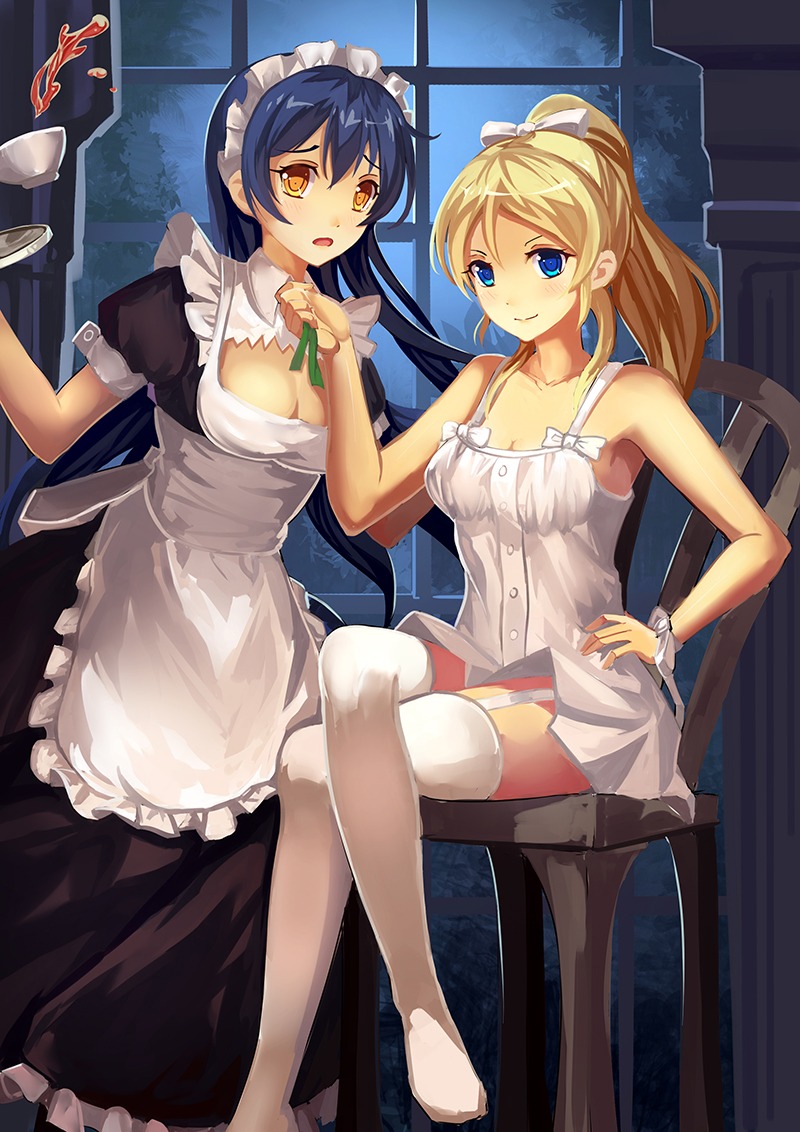 ayase_eli cleavage dress love_live! love_live!_(series) maid sonoda_umi stockings summer_dress thighhighs yongheng_zhi_wu