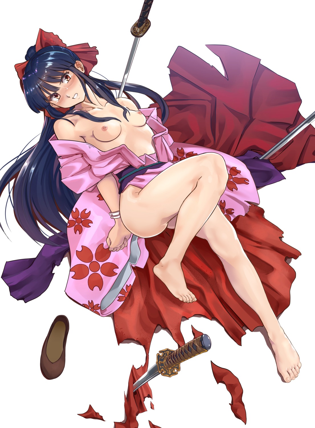 bondage breasts feet japanese_clothes nipples no_bra nopan open_shirt sakura_taisen shinguuji_sakura sword torn_clothes wardrobe_malfunction yewang19