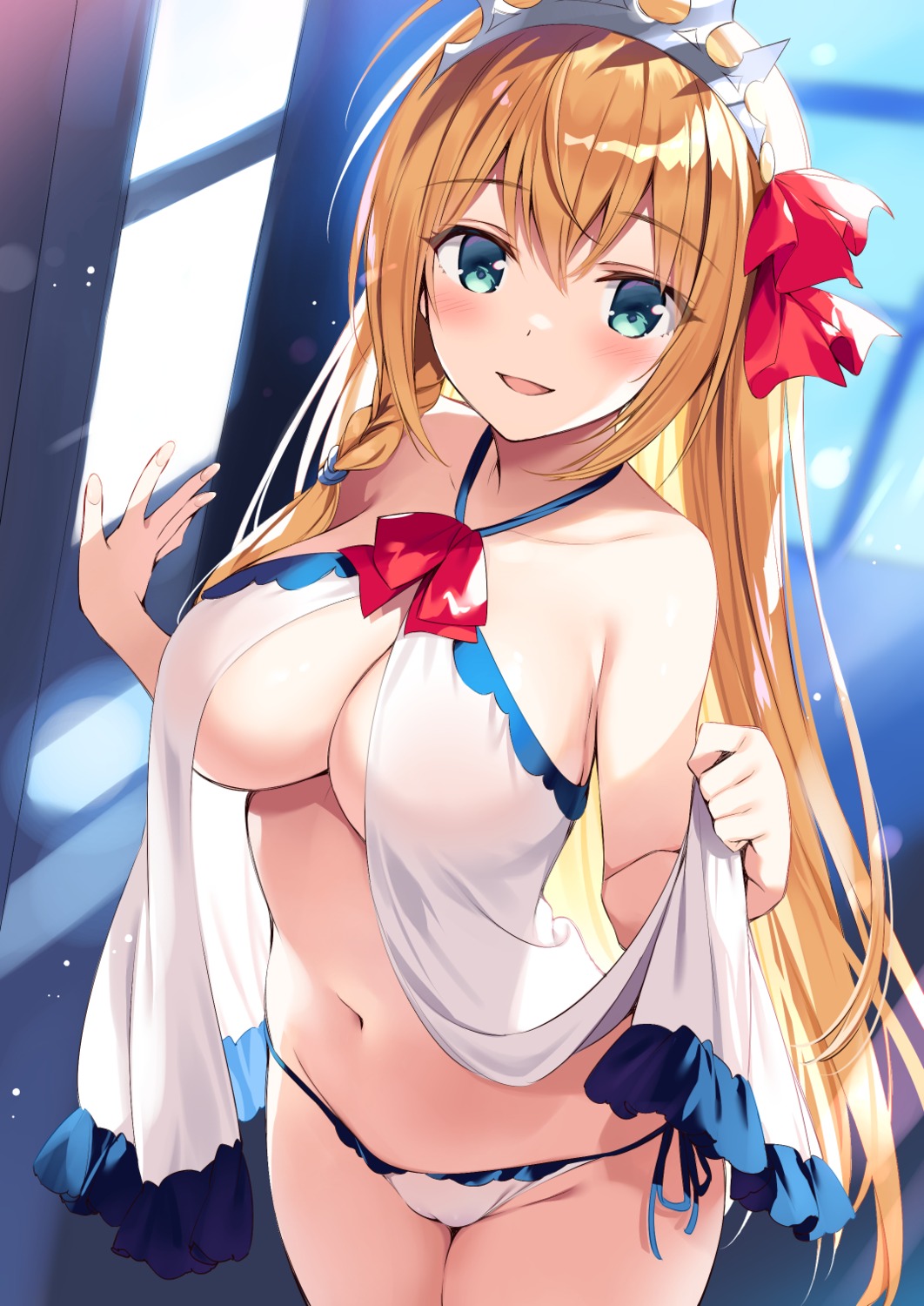 bikini cameltoe no_bra open_shirt oryou pecorine princess_connect princess_connect!_re:dive see_through skirt_lift swimsuits