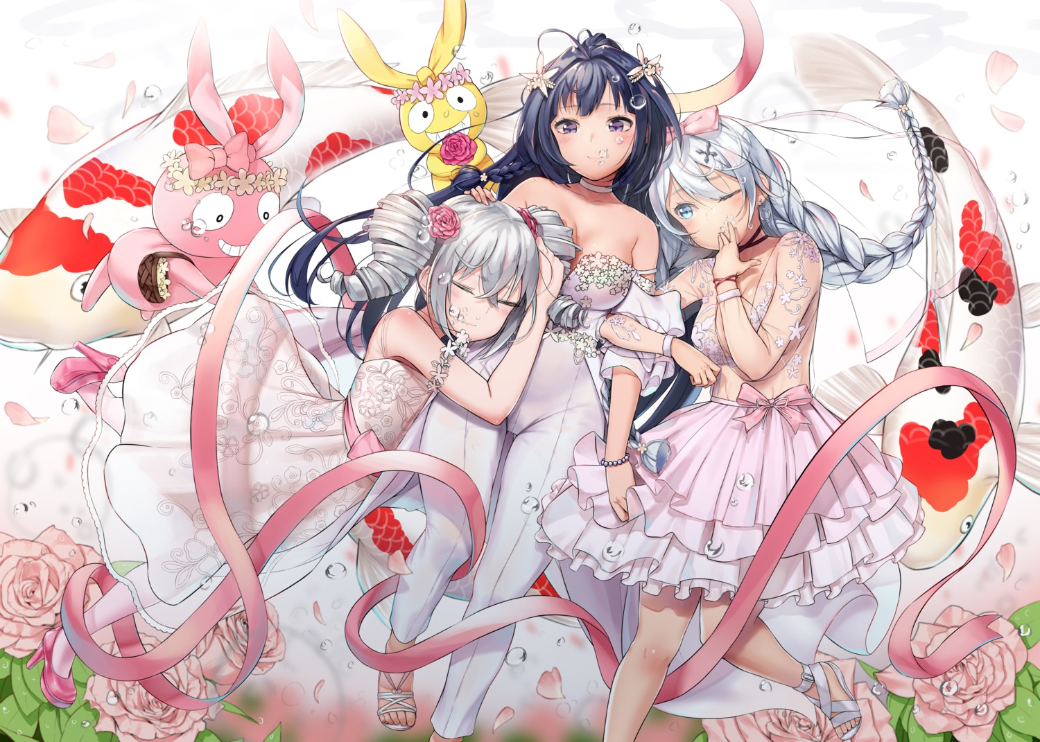 agnam_ore benghuai_xueyuan breast_hold bronya_zaychik cleavage dress heels kiana_kaslana lingerie raiden_mei see_through