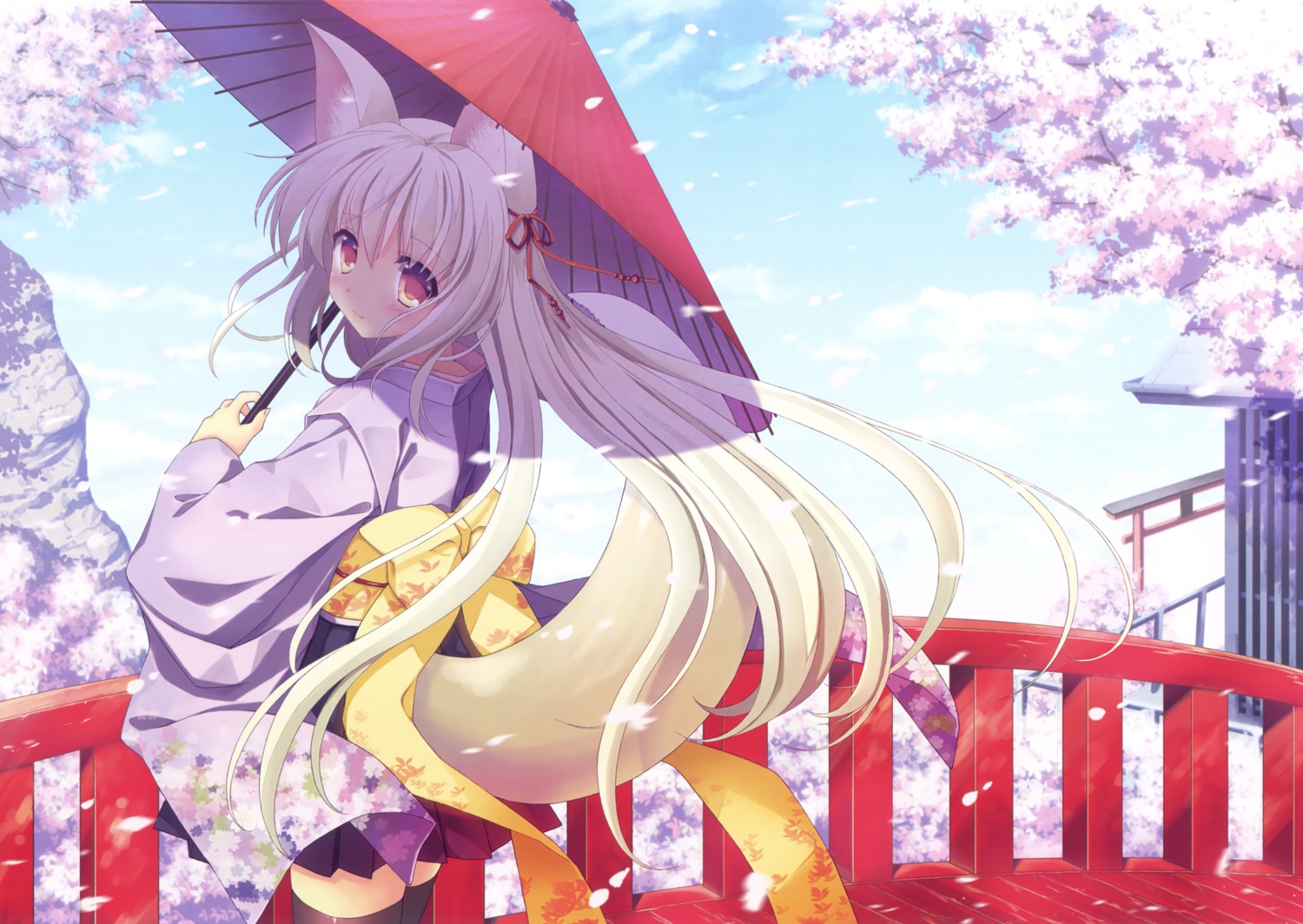 animal_ears detexted japanese_clothes kitsune nanao_naru tail thighhighs umbrella