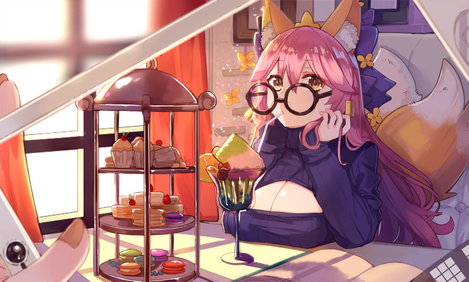 alvein6 animal_ears cleavage fate/extra fate/grand_order fate/stay_night megane sweater tail tamamo_no_mae