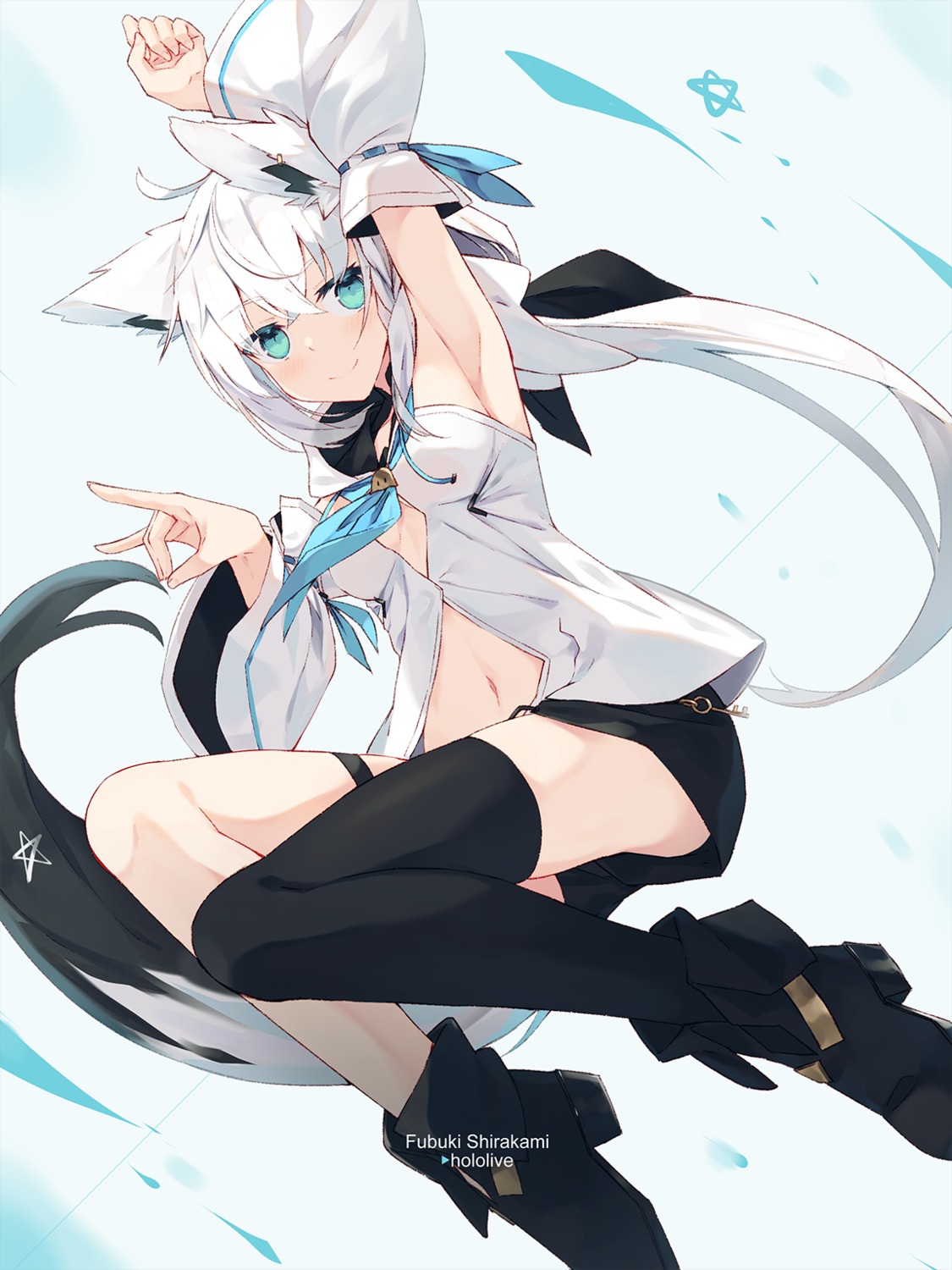 animal_ears cleavage heels hololive hololive_gamers kitsune nagishiro_mito no_bra shirakami_fubuki tail thighhighs