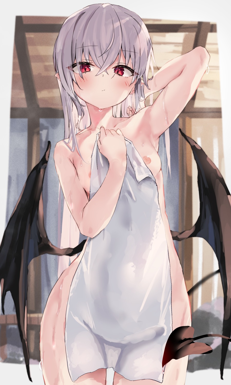 devil loli naked nipples pointy_ears tail toshizou_(0714) towel wet wings