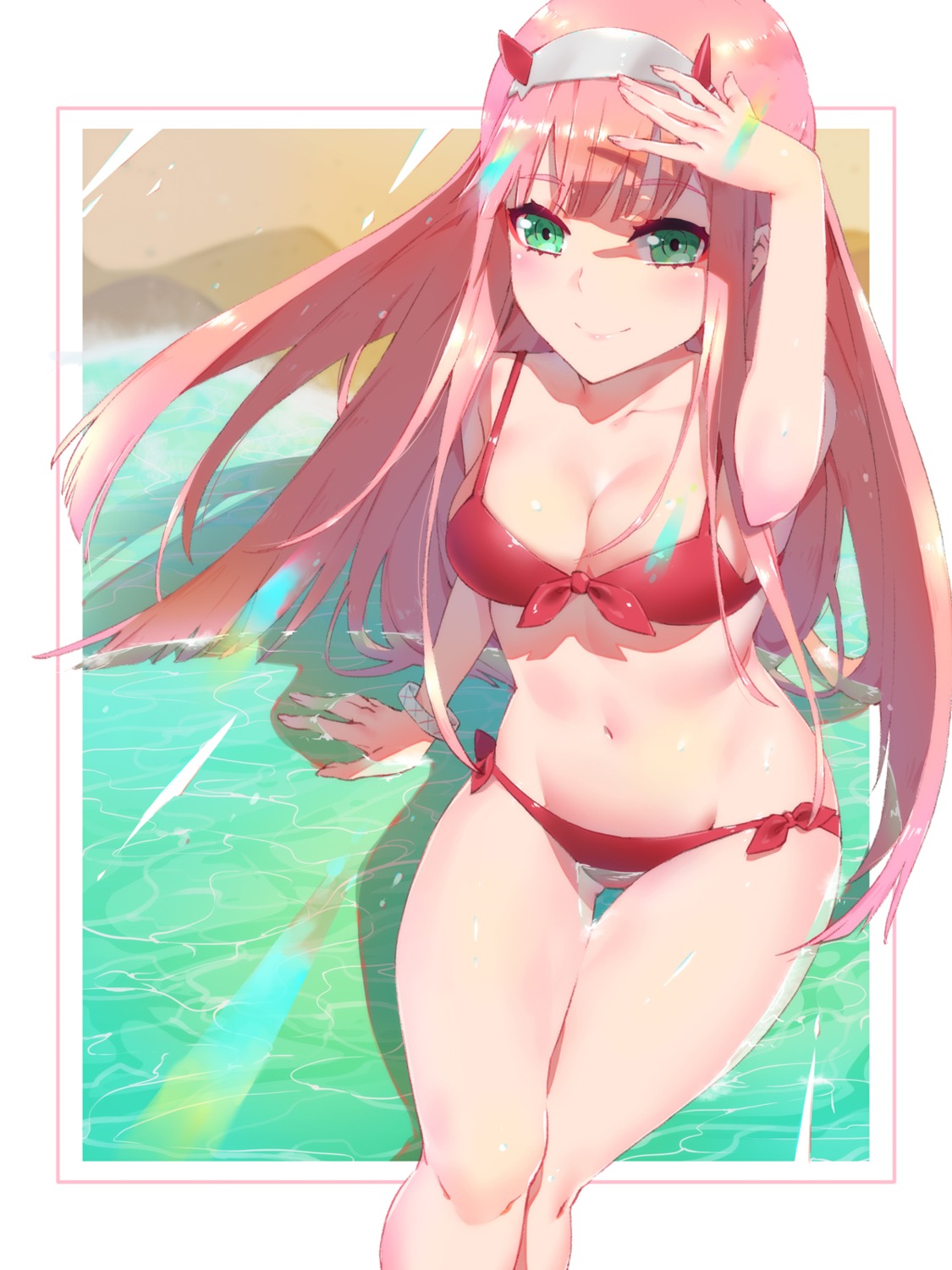 bikini cleavage darling_in_the_franxx horns swimsuits waterring wet zero_two_(darling_in_the_franxx)
