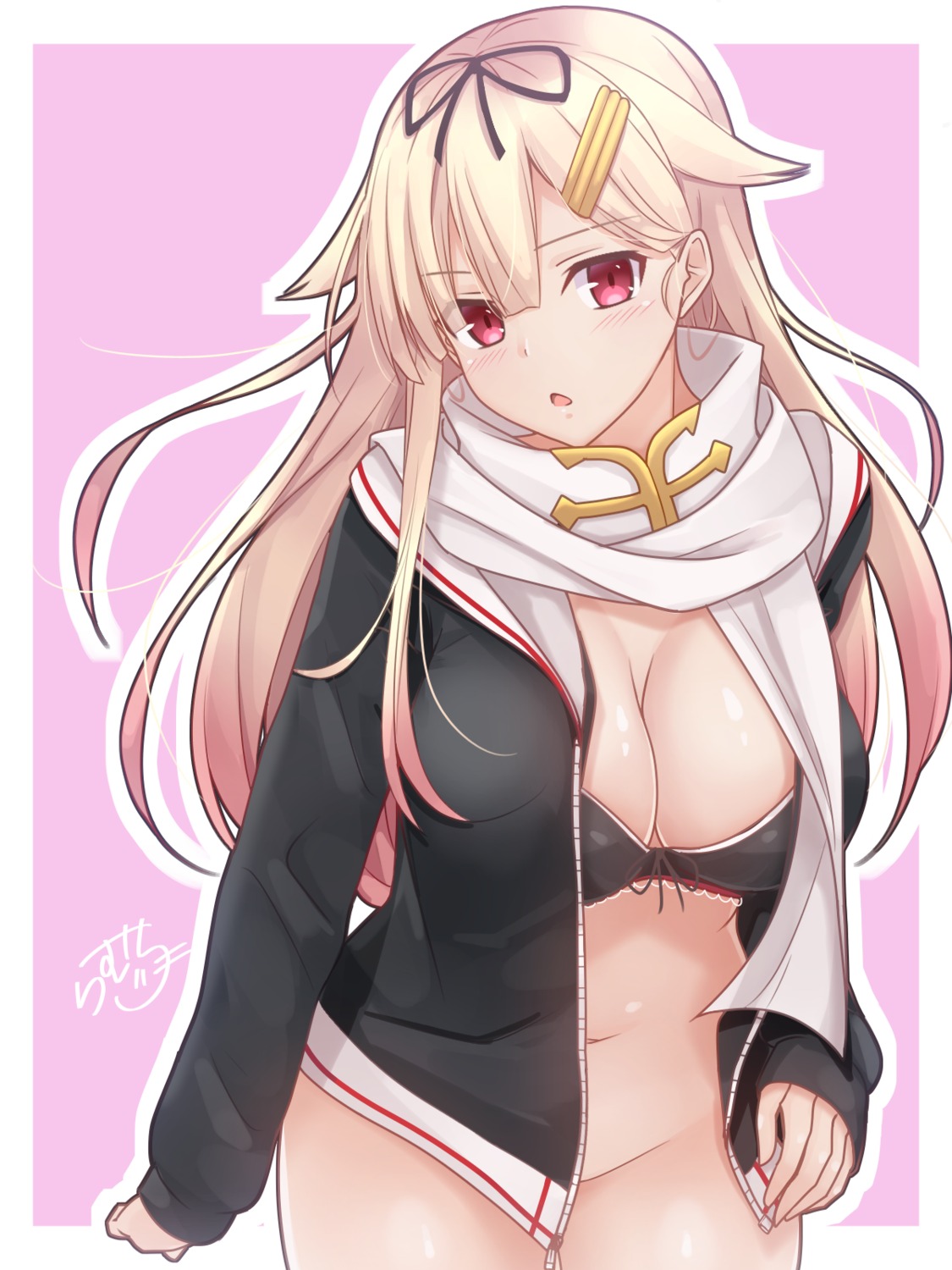 bottomless bra cleavage kantai_collection open_shirt ramchi seifuku yuudachi_(kancolle)