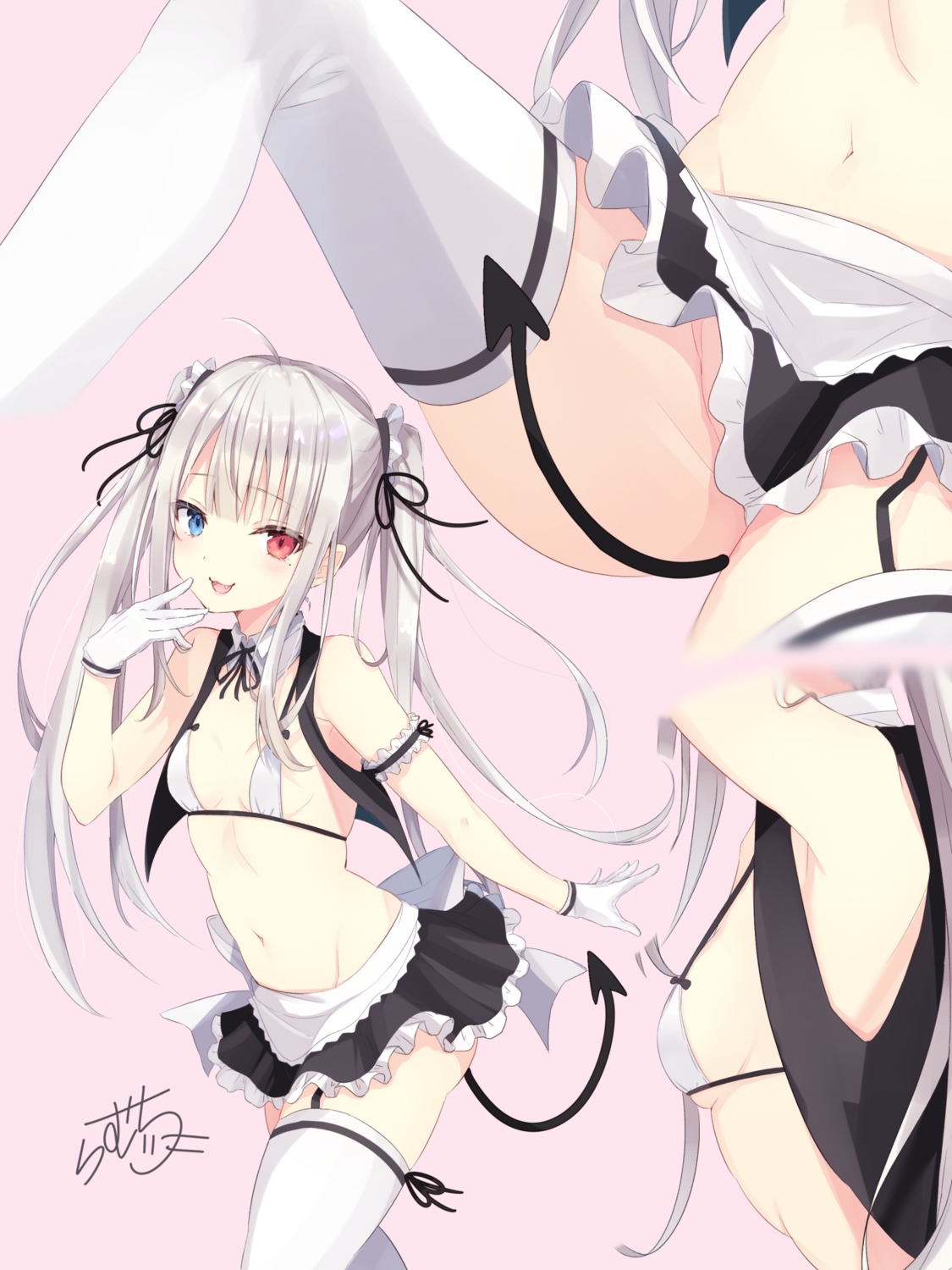 bra heterochromia nopan open_shirt ramchi stockings tail thighhighs underboob