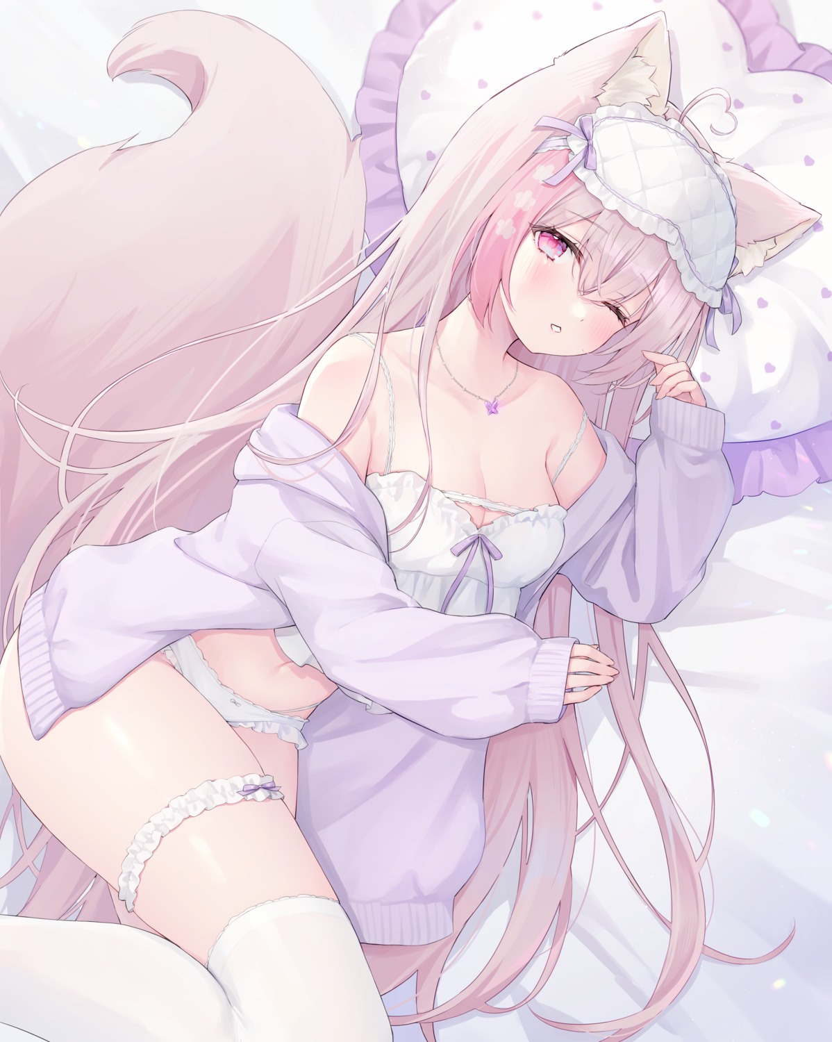 animal_ears felicia_lulufleur garter indie_virtual_youtuber lingerie pajama pantsu shano_hiyori tail thighhighs